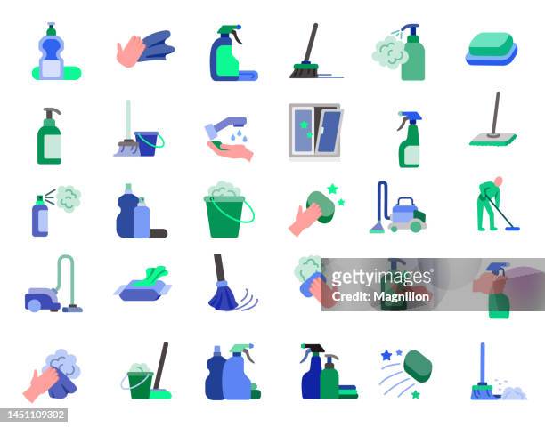 illustrazioni stock, clip art, cartoni animati e icone di tendenza di pulizia del set di icone piatte - strofinare lavare