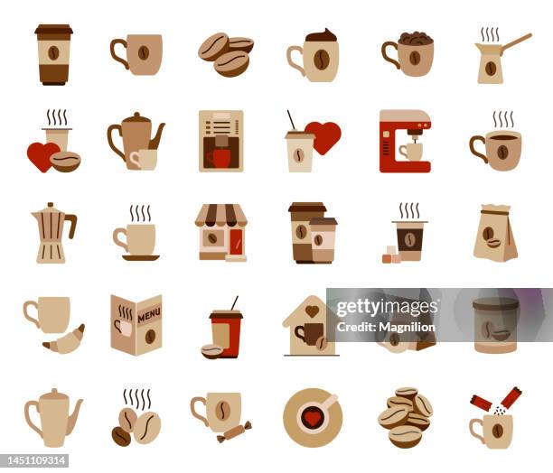 ilustraciones, imágenes clip art, dibujos animados e iconos de stock de conjunto de iconos de coffee flat - planta de vaso