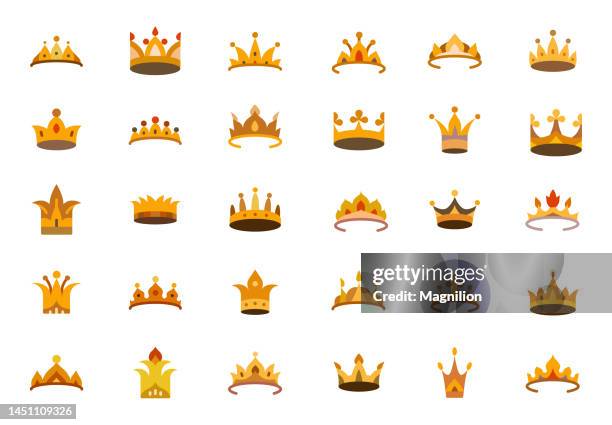 kronen und tiaras flat icons set - crown headwear stock-grafiken, -clipart, -cartoons und -symbole