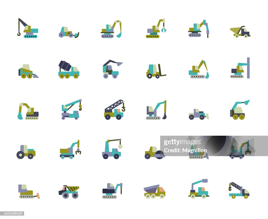 Construction Machinery, Construction Equipment Flat Icons Set