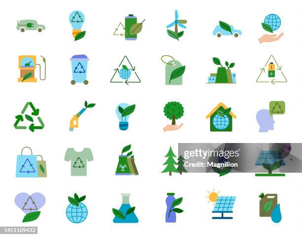 illustrazioni stock, clip art, cartoni animati e icone di tendenza di set di icone eco fuel flat - flat design