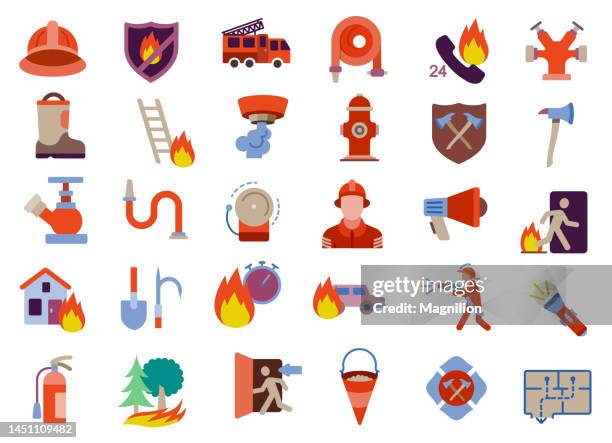 stockillustraties, clipart, cartoons en iconen met fireman firefighter flat icons set - extinguishing