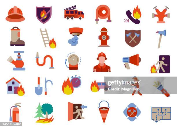 fireman firefighter flat icons set - extinguishing 幅插畫檔、美工圖案、卡通及圖標