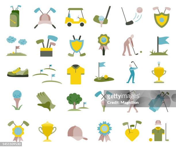 golf flat icon set - golf accessories stock illustrations