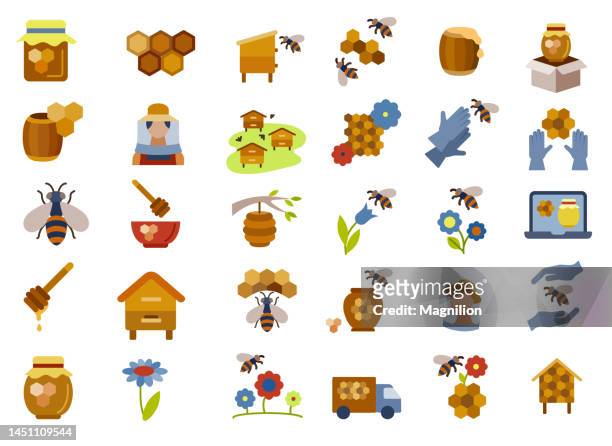 ilustraciones, imágenes clip art, dibujos animados e iconos de stock de planos conjunto de iconos de miel - colmena