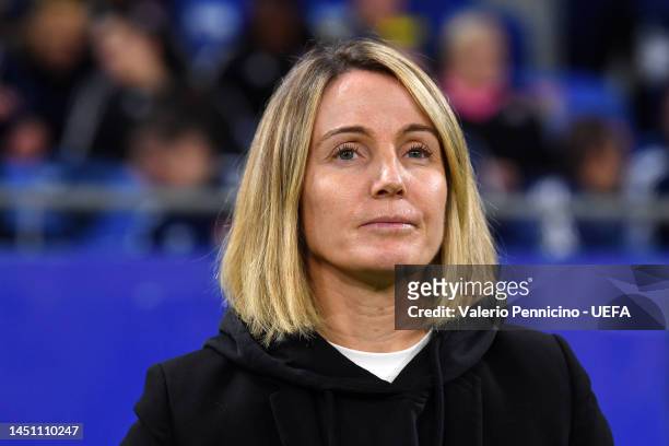Sonia Bompastor, Head Coach of Olympique Lyonnais, looks on prior to the UEFA Women's Champions League group C match between Olympique Lyon and...