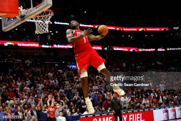 Zion Williamson of the New Orleans Pelicans dunks the ball during the fourth quarter of an NBA game against the Phoenix Suns at Smoothie King Center...