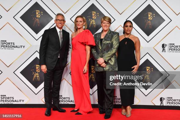 Presenters, Gary Lineker, Gabby Logan, Clare Balding and Alex Scott attend BBC Sports Personality Of The Year at Dock10 Studios on December 21, 2022...
