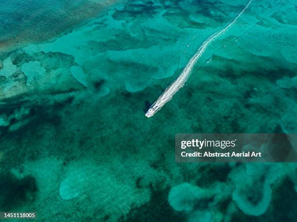 motorboat moving across the ocean photographed from an aerial point of view, new providence, bahamas - schilf stock-fotos und bilder