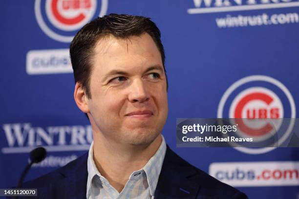 General manager Carter Hawkins of the Chicago Cubs looks on during the introductory press conference for Dansby Swanson at Wrigley Field on December...