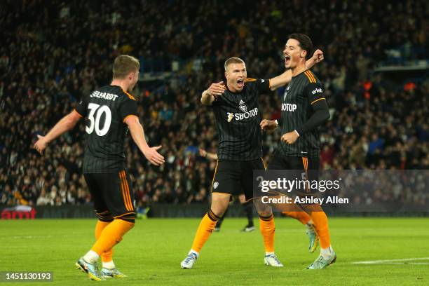 Robin Koch of Leeds United celebrates with teammates after scoring the first goal during a Friendly match between Leeds United and AS Monaco at...