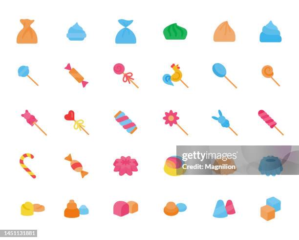 ilustraciones, imágenes clip art, dibujos animados e iconos de stock de conjunto de iconos de candy flat - envoltorio de dulce