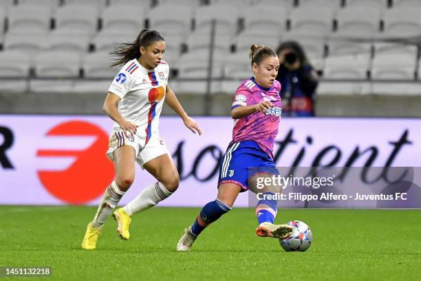 Lisa Boattin of Juventus Women is challenged by Delphine Cascarino of Olympique Lyonnais during the UEFA Women's Champions League group C match...