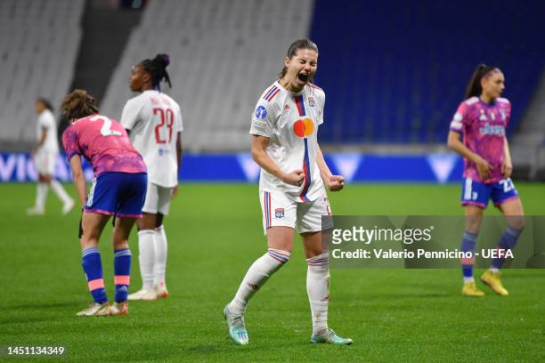 Signe Bruun of Olympique Lyonnais celebrates after their side qualifies for the Quarter Finals following a draw with Juventus during the UEFA Women's...