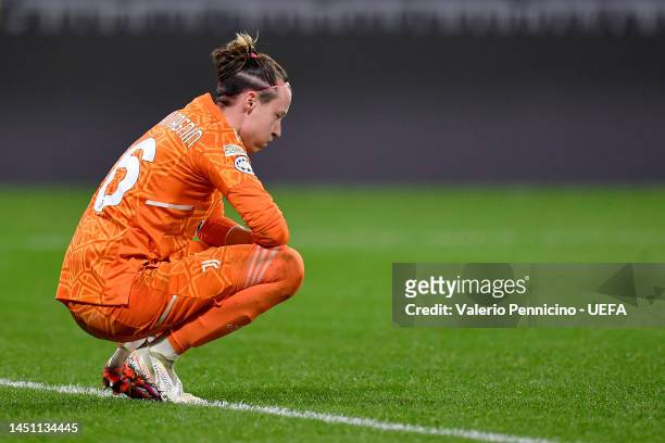 Pauline Peyraud-Magnin of Juventus looks dejected as they react after their side misses out on qualification for the Quarter Finals following a draw...