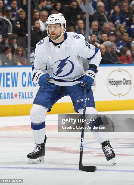 Erik Cernak of the Tampa Bay Lightning skates against the Toronto Maple Leafs during an NHL game at Scotiabank Arena on December 20, 2022 in Toronto,...