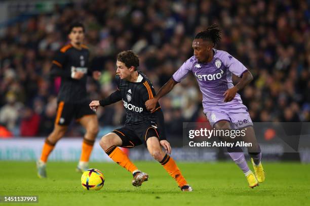 Brenden Aaronson of Leeds United is challenged by Gelson Martins of AS Monaco during the Friendly match between Leeds United and AS Monaco at Elland...