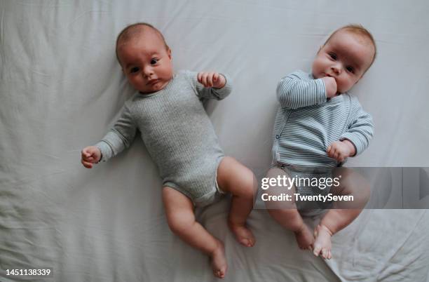 twin babies are lying on the bed - cute twins stockfoto's en -beelden