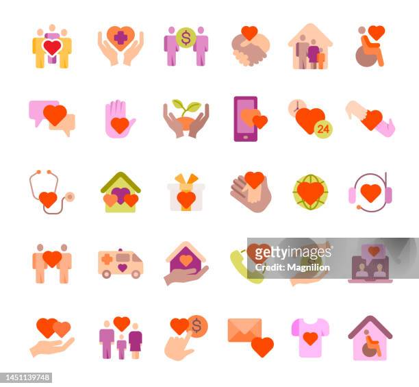charity flat icons set - child gesturing stock illustrations