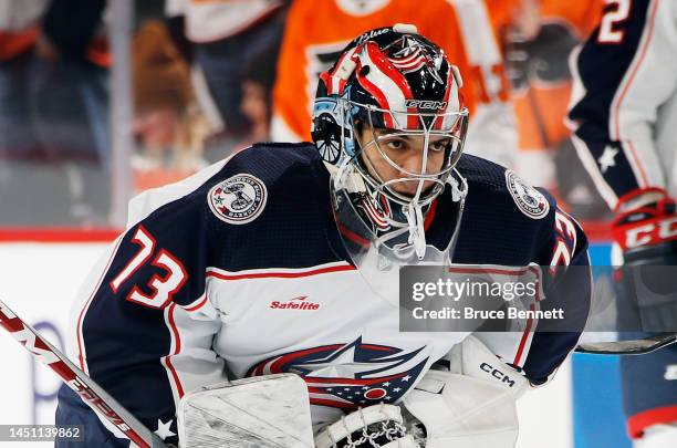 Jet Greaves of the Columbus Blue Jackets skates in warm-ups prior to the game against the Philadelphia Flyers at the Wells Fargo Center on December...