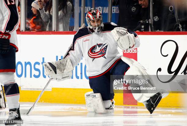 Jet Greaves of the Columbus Blue Jackets skates in warm-ups prior to the game against the Philadelphia Flyers at the Wells Fargo Center on December...