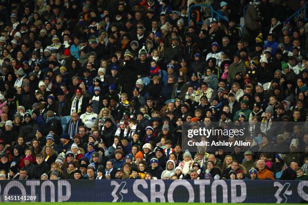 Supporters of Leeds United look on during the Friendly match between Leeds United and AS Monaco at Elland Road on December 21, 2022 in Leeds, England.