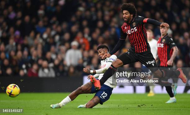 Emerson of Tottenham Hotspur shoots under pressure from Dante of Nice during the Friendly match between Tottenham Hotpsur and OGC Nice at Tottenham...