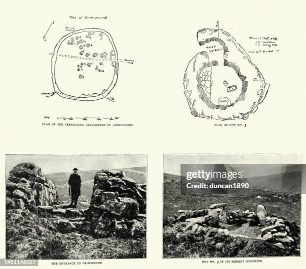 illustrazioni stock, clip art, cartoni animati e icone di tendenza di piante e immagini delle rovine di grimspound è un insediamento della tarda età del bronzo, situato a dartmoor nel devon - archeologia