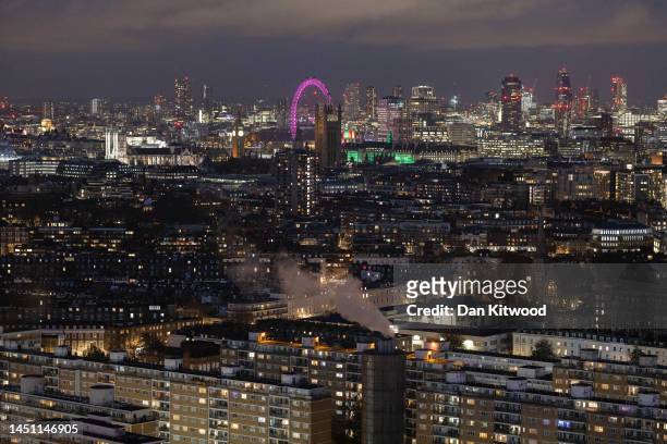 General view from 'Lift 109' at the top of one of the towers of the newly re-developed Battersea Power Station on December 21, 2022 in London,...