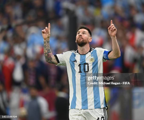 Lionel Messi of Argentina celebrates scoring the first goal during the FIFA World Cup Qatar 2022 Final match between Argentina and France at Lusail...