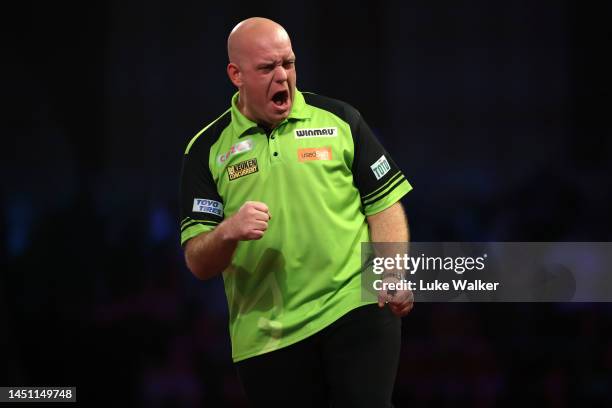 Michael van Gerwen of Netherlands reacts during his Second Round Match against Lewy Williams of England during Day Seven of The Cazoo World Darts...