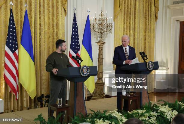 President Joe Biden and President of Ukraine Volodymyr Zelensky hold a joint press conference in the East Room at the White House on December 21,...