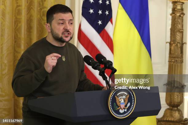 President of Ukraine Volodymyr Zelensky speaks during a joint press conference with U.S. President Joe Biden in the East Room at the White House on...