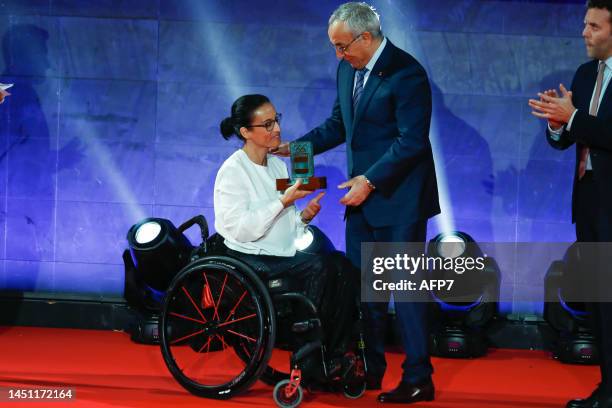 Teresa Perales, swimmer of Spain, receives the Women's Achievement award from Alejandro Blanco, President of COE during the COE 2022 Awards Ceremony...