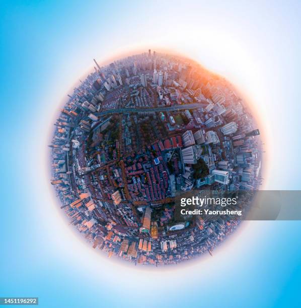 little planet aerial panorama of  modern shanghai city in the sunrise morning - 360度視点 ストックフォトと画像