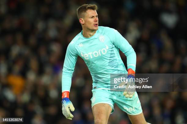 Alexander Nübel of AS Monaco during the Friendly match between Leeds United and AS Monaco at Elland Road on December 21, 2022 in Leeds, England.