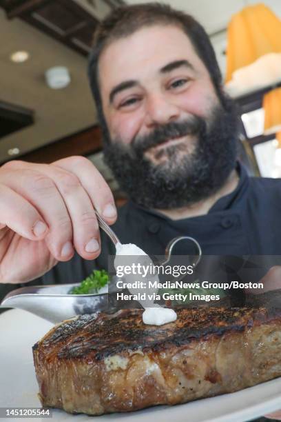 Abe & Louie's Chef Tindaro LoSurdo with his steak sauce in Boston on Monday, August 28, 2017. Staff photo by Nicolaus Czarnecki