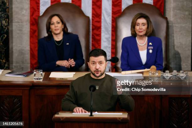 Vice President Kamala Harris and Speaker of the House Nancy Pelosi listen to President of Ukraine Volodymyr Zelensky addresses a joint meeting of...