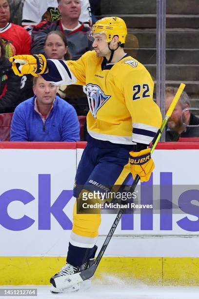 Nino Niederreiter of the Nashville Predators celebrates after scoring a goal against the Chicago Blackhawks during the first period at United Center...