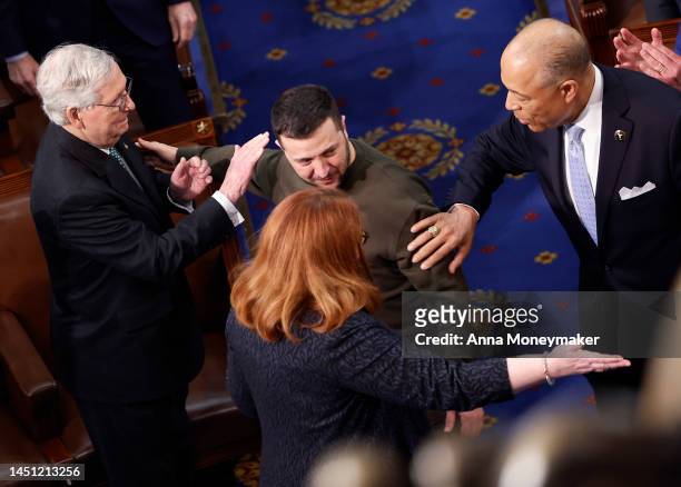 Senate Minority Leader Mitch McConnell greets President of Ukraine Volodymyr Zelensky as he arrives to address a joint meeting of Congress in the...