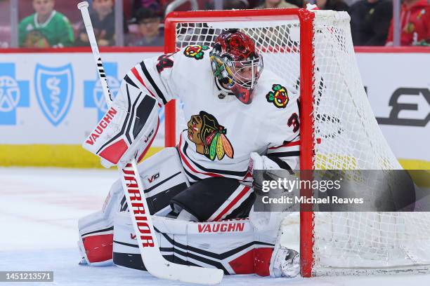 Petr Mrazek of the Chicago Blackhawks tends the net against the Nashville Predators during the first period at United Center on December 21, 2022 in...