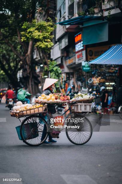 bicycle fruit push cart, street market life, old quarter, ha noi, vietnam - hanoi stockfoto's en -beelden