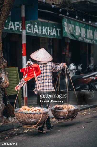 street vendor transporting goods in baskets in vietnam - hanoi stock pictures, royalty-free photos & images