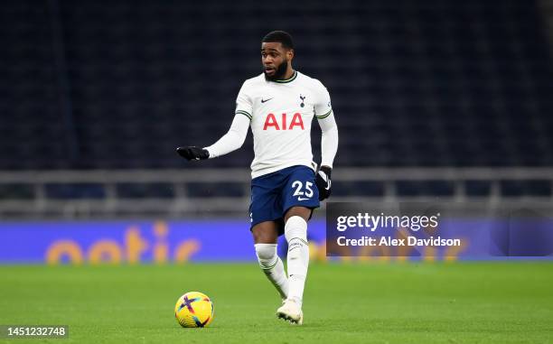 Japhet Tanganga of Tottenham Hotspur runs with the ball during the Friendly match between Tottenham Hotpsur and OGC Nice at Tottenham Hotspur Stadium...