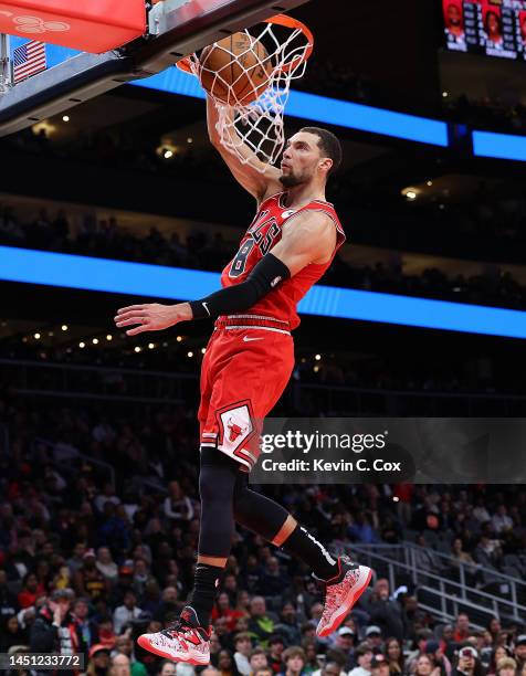 Zach LaVine of the Chicago Bulls dunks against the Atlanta Hawks during the third quarter at State Farm Arena on December 21, 2022 in Atlanta,...