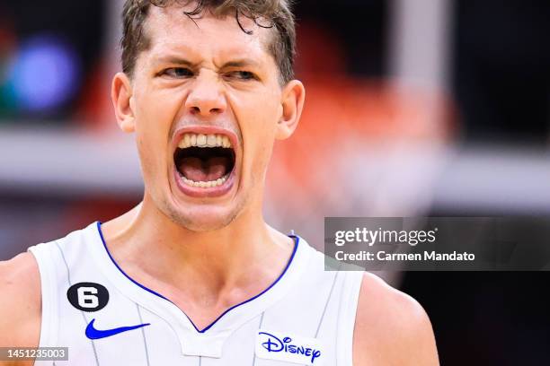 Moritz Wagner of the Orlando Magic reacts against the Houston Rockets during the first half at Toyota Center on December 21, 2022 in Houston, Texas....