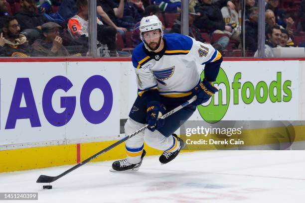 Robert Bortuzzo of the St. Louis Blues skates with the puck during the third period of their NHL game against the Vancouver Canucks at Rogers Arena...