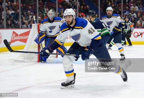 Robert Bortuzzo of the St. Louis Blues skates up ice during the first period of their NHL game against the Vancouver Canucks at Rogers Arena on...