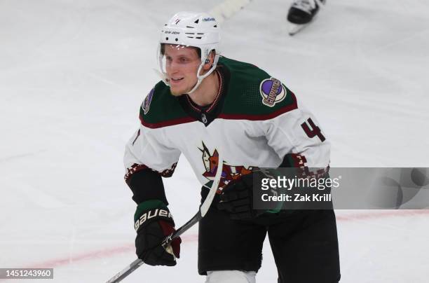 Juuso Valimaki of the Arizona Coyotes celebrates after scoring a goal during the second period against the Vegas Golden Knights at T-Mobile Arena on...