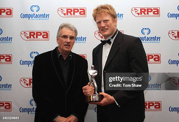 Hugh Vyvyan of Saracens poses with the TAG Heuer Special Merit Award alongside Nigel Wray Chairman of Saracens during the RPA Computacenter Rugby...